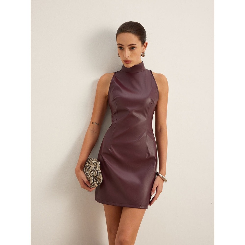 Commense Sleeveless Mock Neck Faux Leather Mini Dress - Burgundy Party Cocktail‎